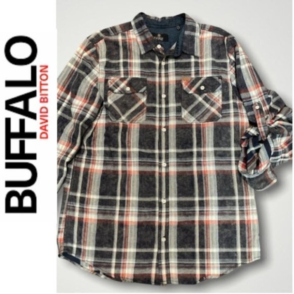 BUFFALO David Bitton Blue Plaid Saldio Cotton Button Down Large